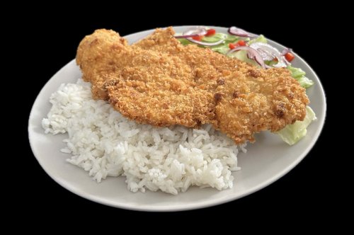 panko morzsában sült sertés karaj rizs narancsöntetes saláta